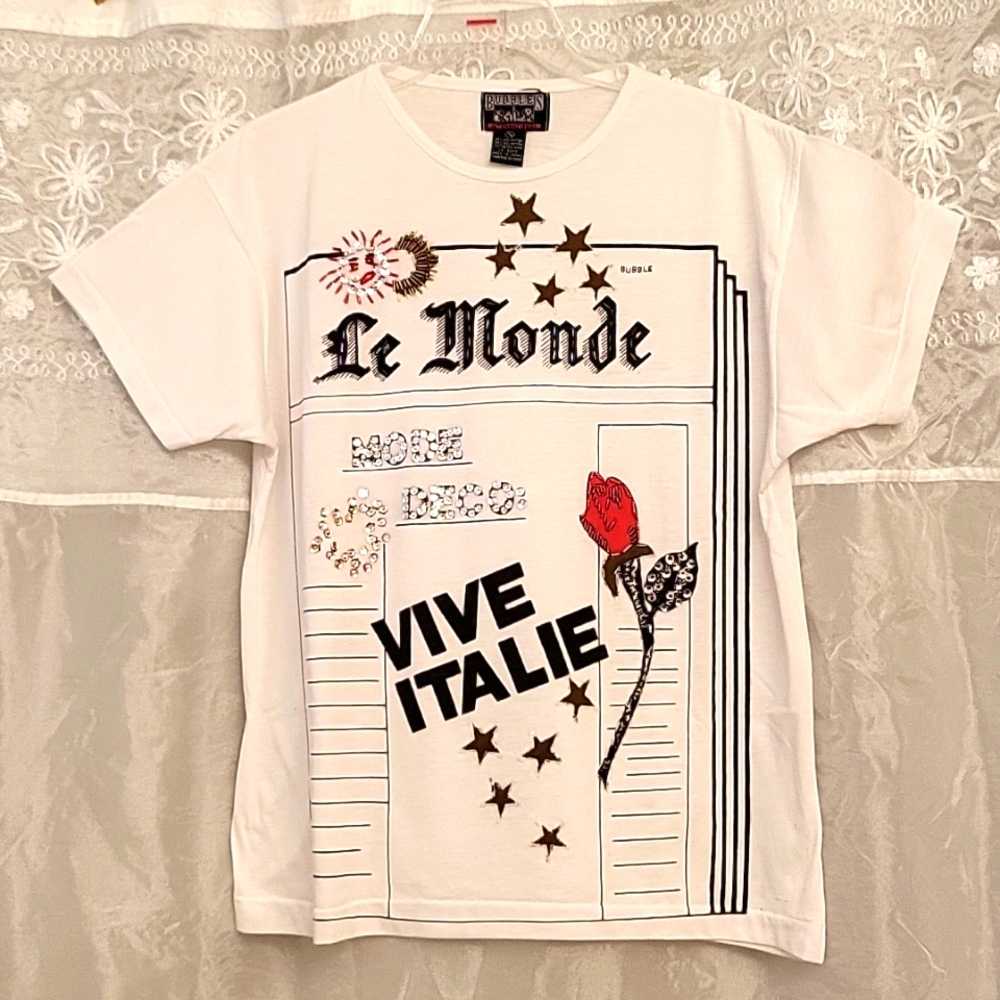 Art Deco Style White T-shirt, Beads, Sequins, Romantic Rose, French, M/L